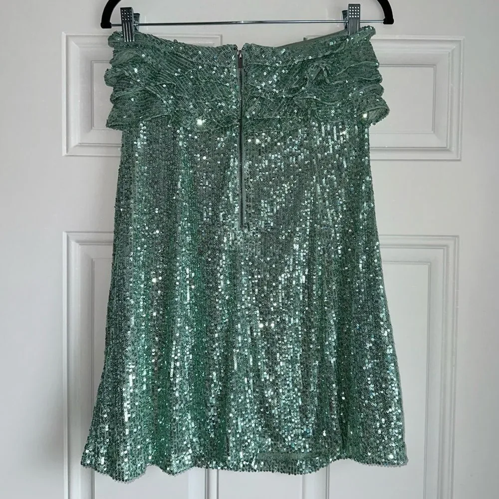 Free People Frida Ruffle Mini Dress size 6‎ strapless sequin Island Sea